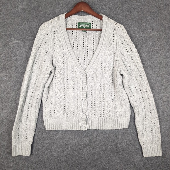 American Eagle Gray Cable Knit Cardigan Sweater Women Size M V-Neck Button Front - Picture 2 of 11